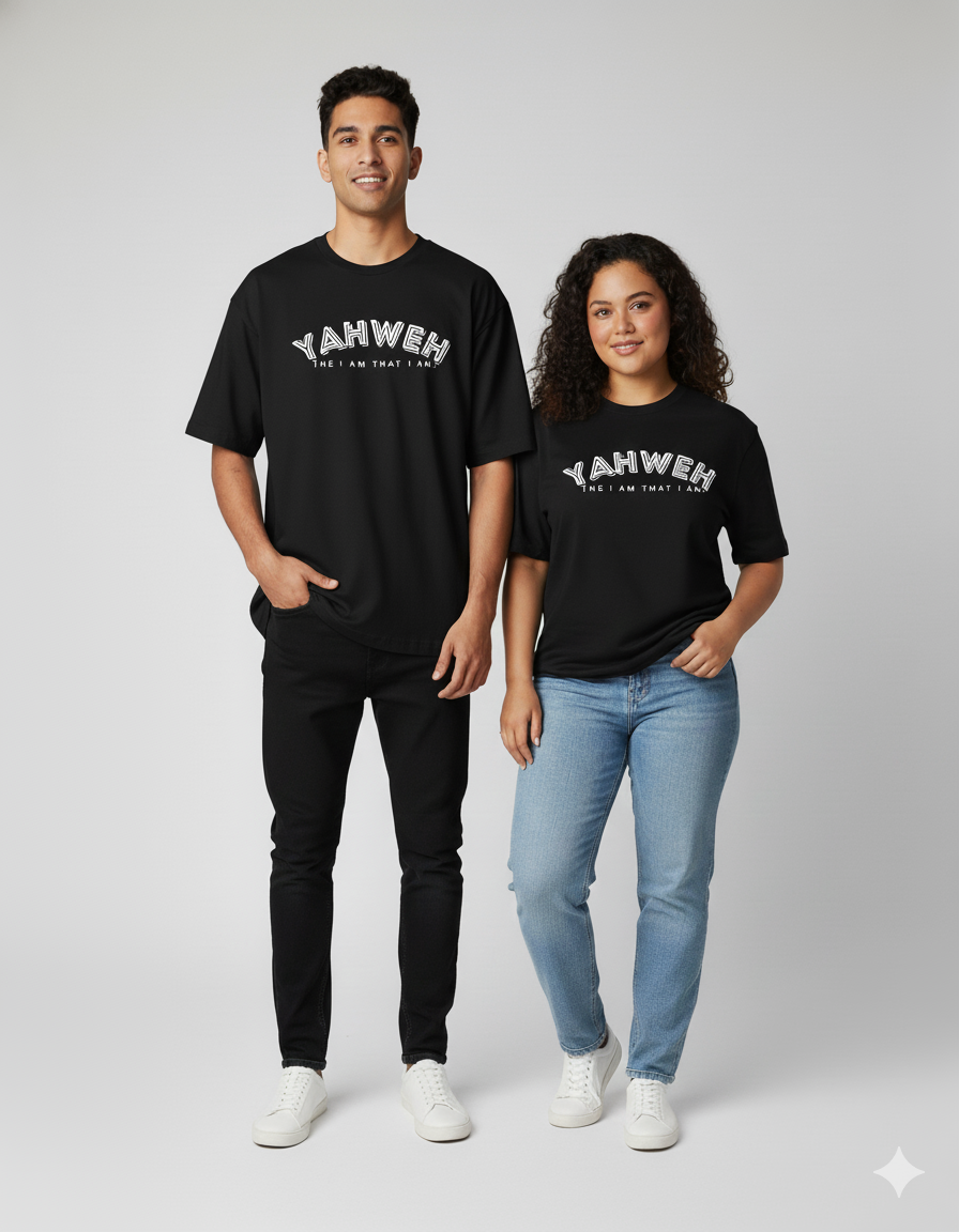 Two people wearing black t-shirts with 'YAHWEH' text on a white background