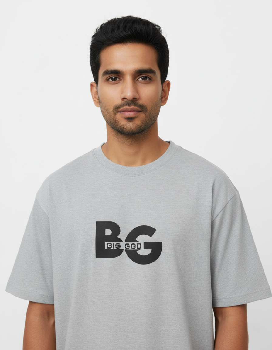 Man wearing a Grey Melange t-shirt with 'BIG GOD' logo