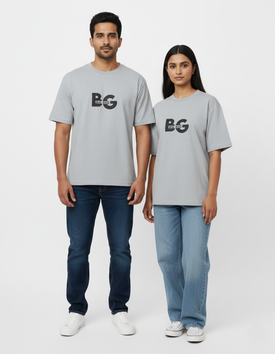 Two people wearing Grey Melange t-shirts with 'BG' logo