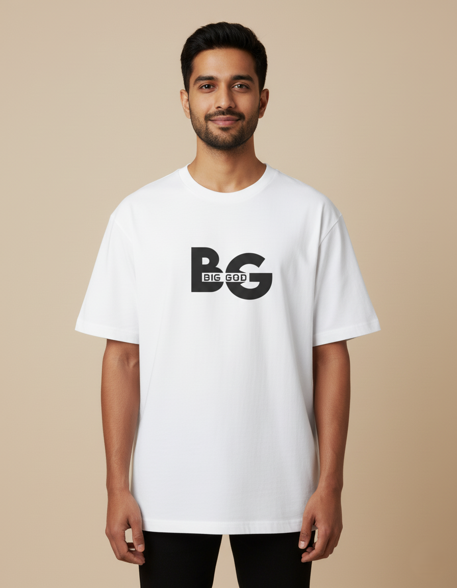 Man wearing a white t-shirt with a black logo on a background