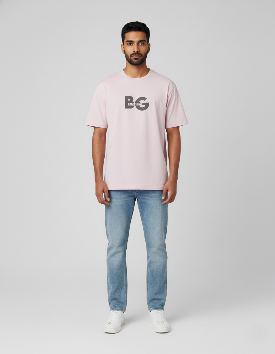 Man wearing a Light Baby Pink t-shirt with 'BG' logo