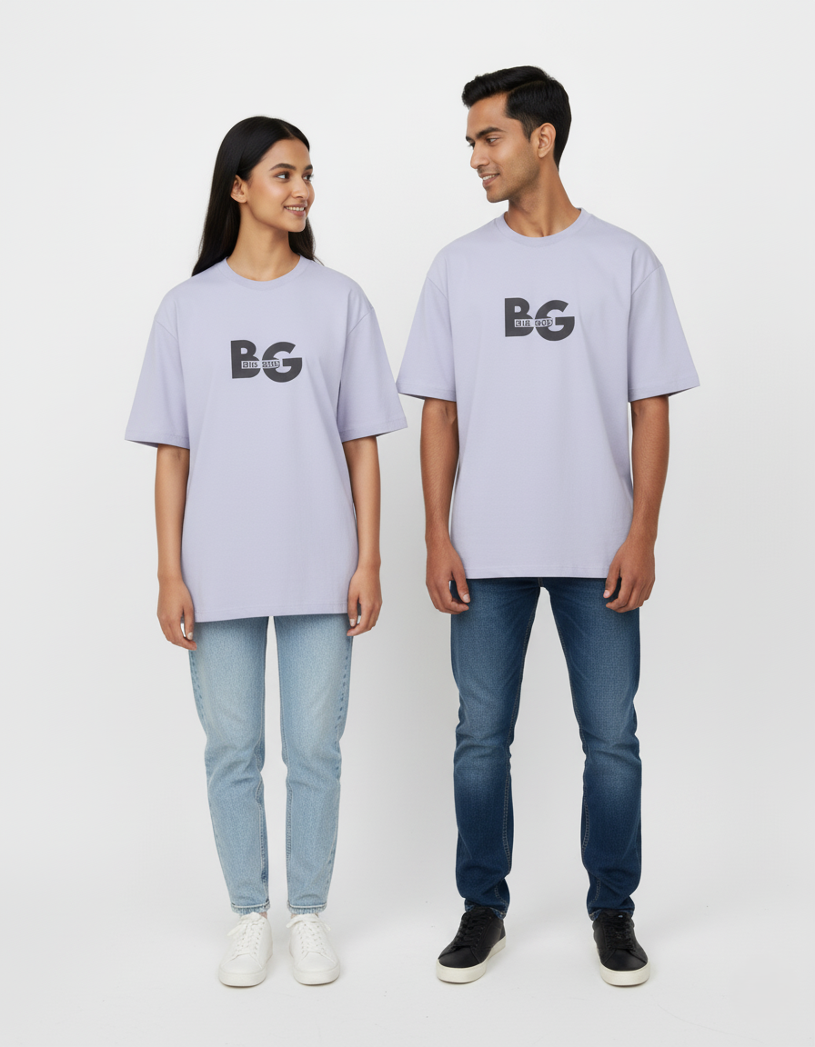 Two people wearing matching light Lavender t-shirts with a logo