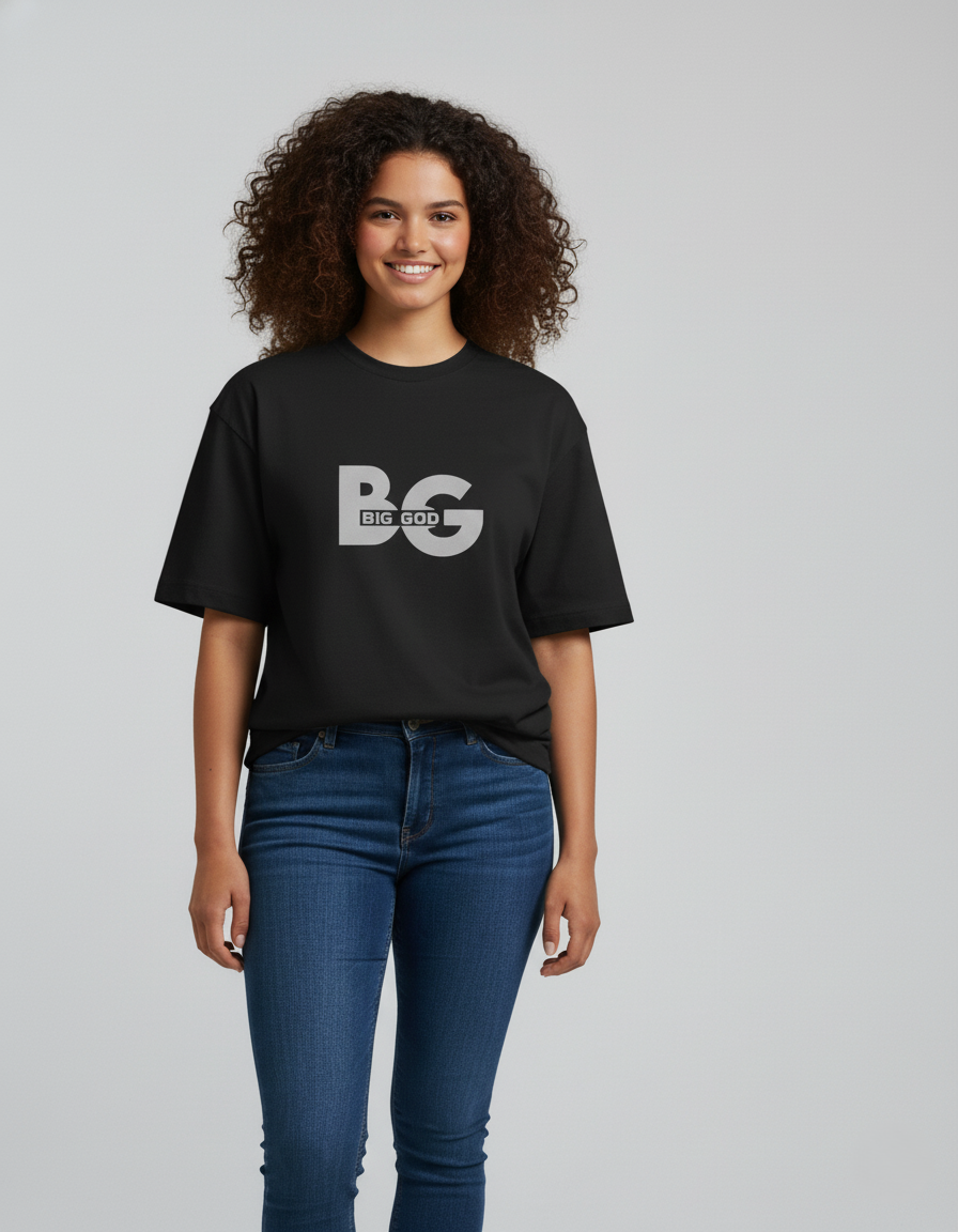 Person wearing a black t-shirt with 'BG' logo on a plain background