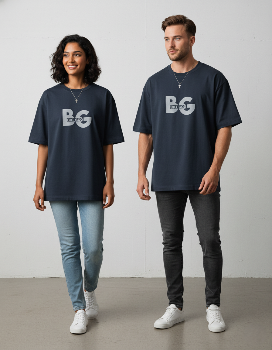 Two people wearing navy blue t-shirts with 'BG' logo on a plain background