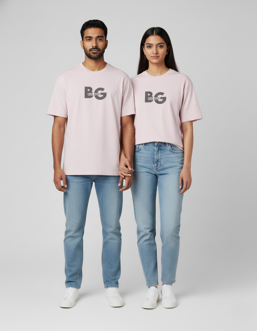 Two people wearing matching Light Baby Pink t-shirts with 'BG' logo