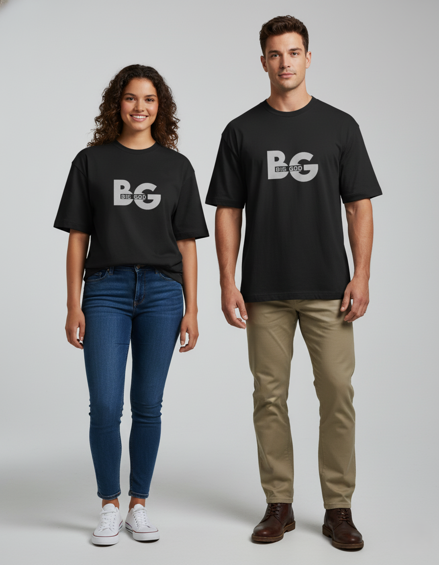Two people wearing black t-shirts with a logo on a plain background
