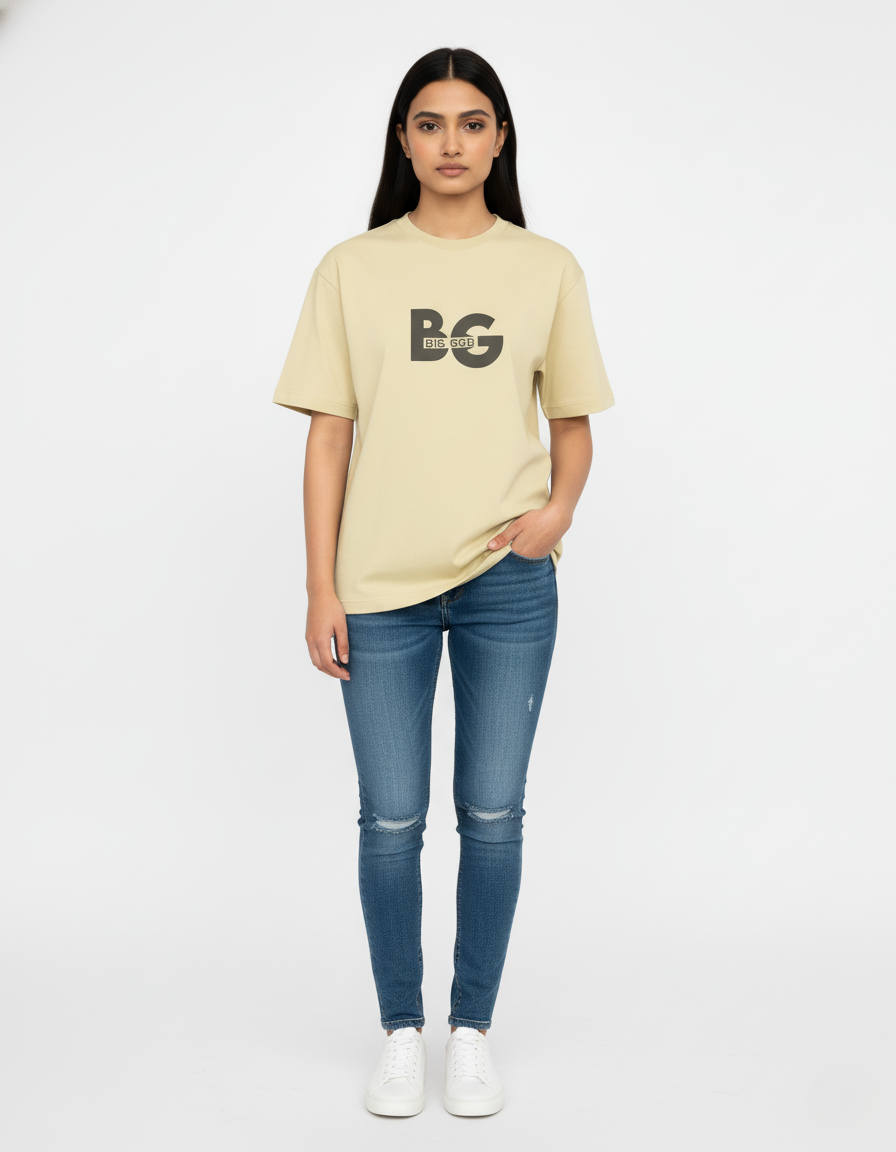 Person wearing a beige t-shirt with a logo