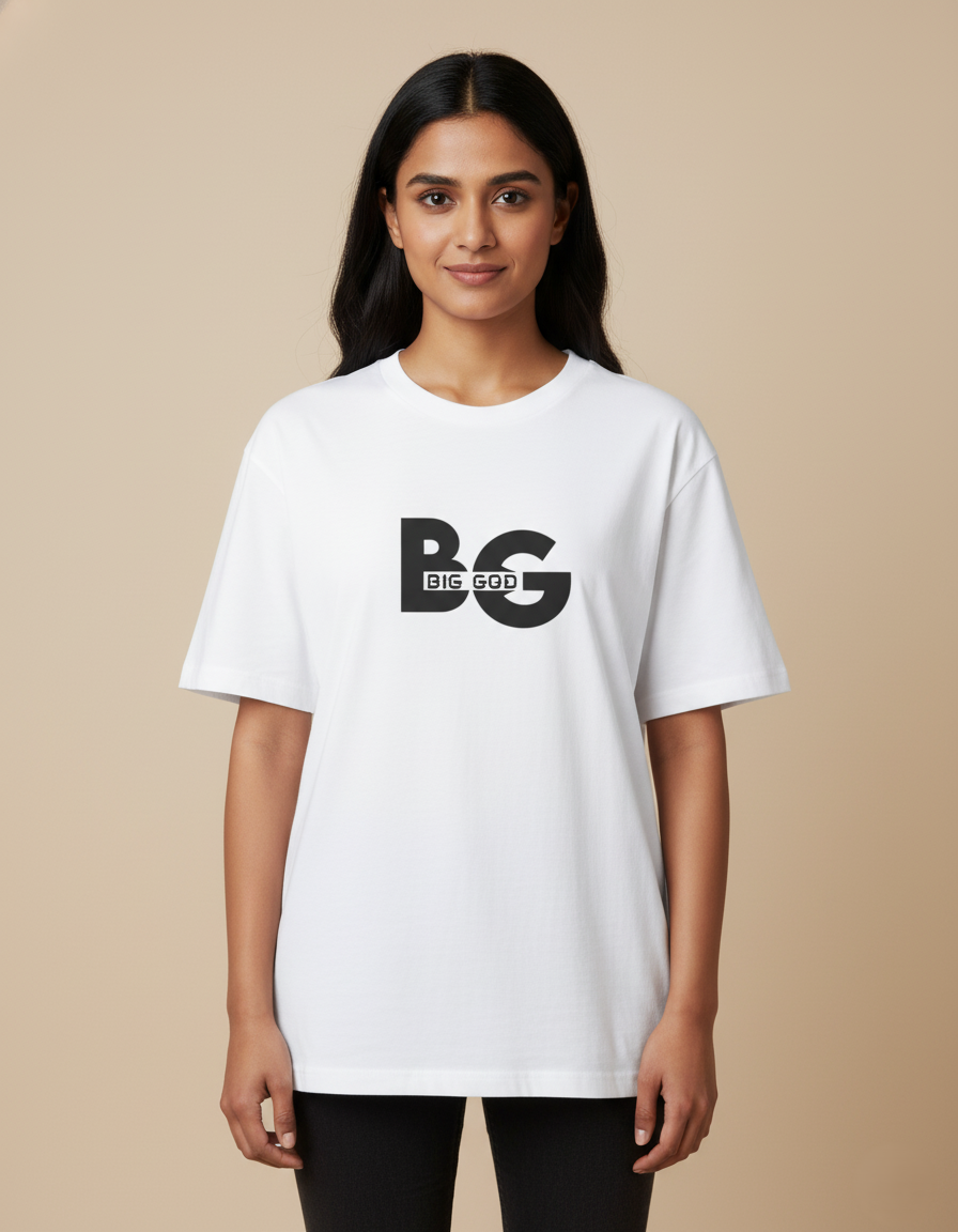 Woman wearing a white t-shirt with 'BC' logo on a background