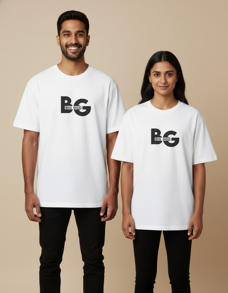 Two people wearing white t-shirts with a black logo on a background