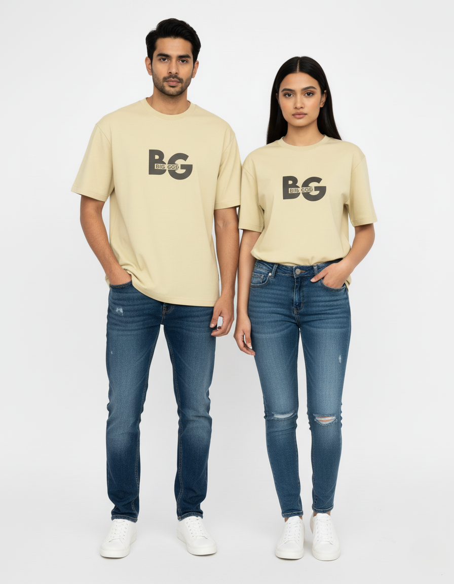 Two people wearing beige t-shirts with 'BG' logo