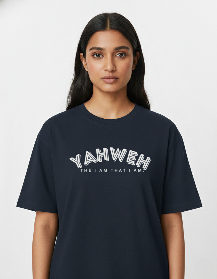 Person wearing a navy blue t-shirt with 'YAHWEH' text on a white background