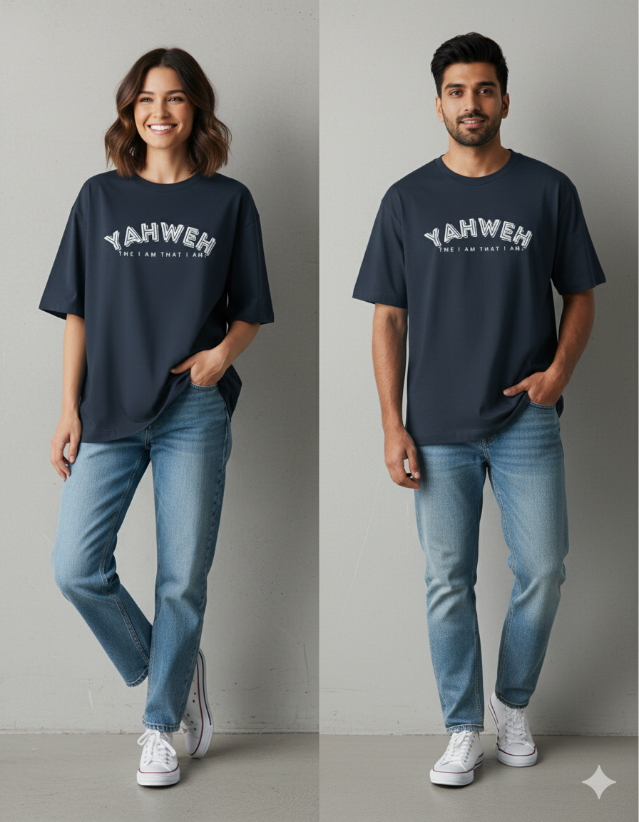 Two people wearing navyblue t-shirts with 'YAHWEH' text, standing against a plain background.